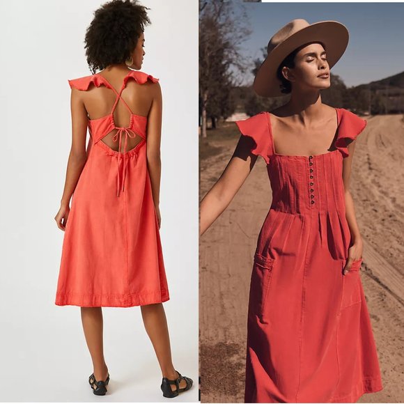 Anthropologie Pilcro Flutter Sleeve Midi Dress SIZE S new with tag red - Picture 1 of 5